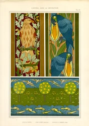 Ornamentale Bordüren mit Adler, Papageien und Landschaftsfries (Lithografie)