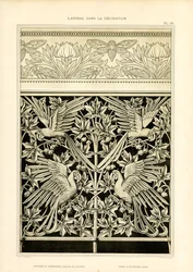 Ornamentale Kompositionen mit Papageien und Zikaden