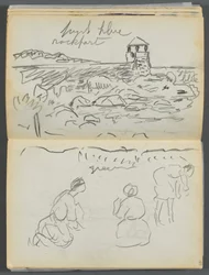 Skizzenbuch - Das Granite Shore Hotel, Rockport, Seite 124 & 125: Rockport-Leuchtturm und Figuren am Ufer