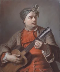 Porträt von Jacques Dumont Le Romain, der Gitarre spielt