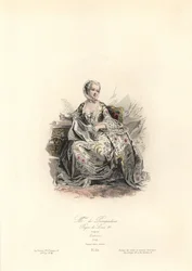 Jeanne-Antoinette Poisson, Madame de Pompadour (1721-1764) war Hauptmätresse von König Ludwig XV. Handkolorierter Stahlstich von Polidor Pauquet nach Maurice Quentin de La Tour (1748-55) aus dem Buch der Pauquet-Brüder „Modes et Costumes Historique“ (Histo