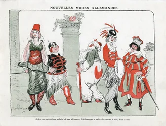Illustration von Maurice Radiguet (1866-1941) in Mode in Deutschland, ca. 1915 - Neue deutsche Moden - Krieg von 14-18, Deutschland Preußen, Türkei, Mode, Dreibund - Frauen