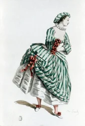 Kostüm und Maske von Colombine (corallina) im Jahr 1855, weiblicher Charakter in der commedia dell