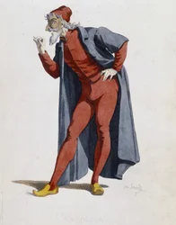 Kostüm und Theatercharakter: Pantalone (Hose, Doktor) aus „Masques et bouffons“ (Italienische Komödie), Text und Zeichnungen von Maurice Sand, Drucke von A. Manceau, Vorwort von Georges Sand, Paris, Michel Lévy Frères