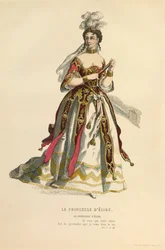Kostüm für die Rolle der Prinzessin von Elide, um 1868 (Gravur)