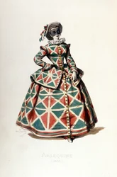 Harlekinkostüm und Maske im Jahr 1855, weibliche Figur des Harlekin in der Commedia dell