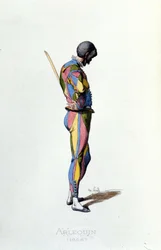 Harlekin im Jahr 1858. Maurice Sand „Masken und Narren“ Paris 19. Jahrhundert.