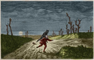 Der Werwolf (Der Werwolf, lupo mannaro) Gravur nach einem Gemälde von Maurice Sand. Gravur von 1857.