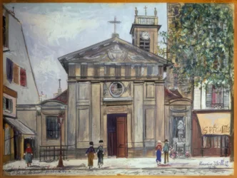 Die Kirche Saint-Denis de la Chapelle und Statue der Heiligen Jeanne d