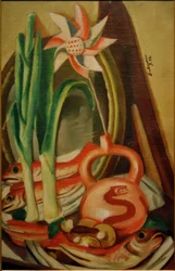 Stilleben mit Fischen und Papierblume