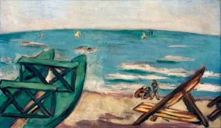 Strand mit Boot und Liegestuhl