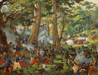 Französische und deutsche Infanterie kämpfen in einem Wald, Schlacht von Sedan