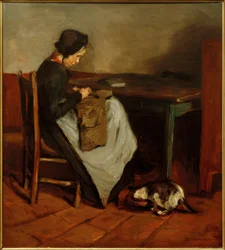 Nähendes Mädchen mit Katze - Holländisches Interieur