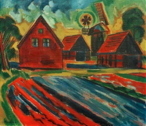 Rote Häuser mit Windmühle