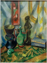 Stillleben mit Vase, maurischer Kanne und Holzfigur