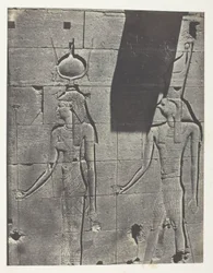 Kalabscheh, Skulpturen der hinteren Fassade des Tempels; Nubien, Tafel 92 aus dem Album "Ägypten, Nubien, Palästina und Syrien" (1852)