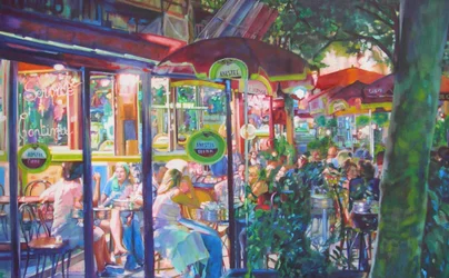 Geschäftiges Abendcafé