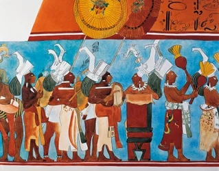 Rekonstruktion der Bonampak-Fresken, die eine Prozession von Musikern zeigen