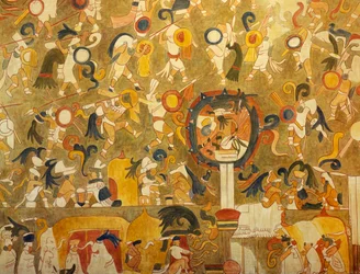 Rekonstruktion eines Maya-Gemäldes aus Chichen Itza (Yucatan, Mexiko), das eine Kampfszene darstellt. Maya-Zivilisation.