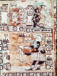 Der Madrider Kodex oder Codex Tro-Cortesianus, behandelt Horoskope und astrologische Tabellen, berichtet in Spanien von Hernan Cortes. Gemalte Miniaturen