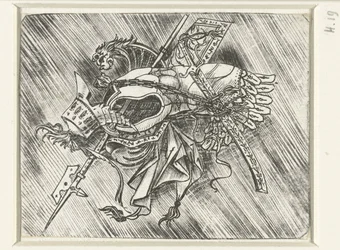Waffentrophäen darunter Harnisch und Helm und Hellebarde