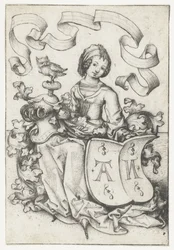 Dame mit Eule und Wappenschild mit den Buchstaben AN