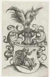 Wappen mit alter zwirnender Frau