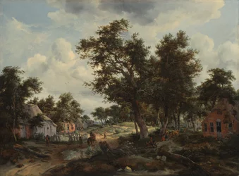 Bewaldete Landschaft mit Reisenden auf einem Weg durch einen Weiler