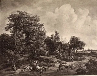 Bauernhof am Waldrand mit Wagen und Pferden
