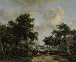 Waldlandschaft mit fröhlicher Gesellschaft in einem Wagen