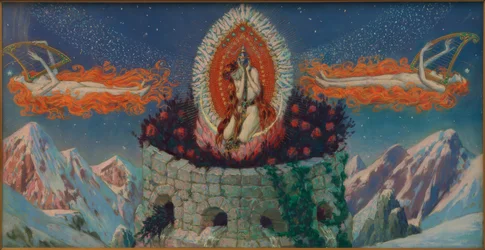 Heiliger Turm im Gebirge mit den vier Quellen der Lebensströme