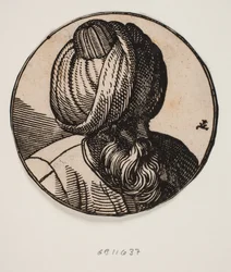 Rundes Medaillon mit dem Büste eines bärtigen, turbantragenden Mannes, schräg von oben gesehen, 3/4 Profil nach rechts
