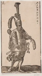 Stehender Soldat, nach rechts gewandt; Kopfbedeckung mit sehr hohem aufrechtem Federbusch; in der linken Hand ein Bogen mit großen Federn an beiden Enden; in der rechten Hand ein Pfeil; auf dem Rücken ein Köcher und an der Seite ein Schwert
