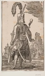 Stehender Janitschar von hinten gesehen, Federkopfbedeckung, Gewehr an der linken Schulter