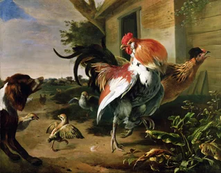 Geflügel und Spaniel in einem Bauernhof