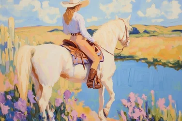 Cowgirl auf weißem Pferd