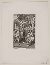 Illustration mit antik gekleideten feiernden Menschen in einem Garten