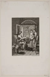 Illustration mit Frauen an einem Tisch in einem Gartenhaus