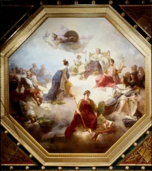 Frankreich, inmitten der gesetzgebenden Könige und französischen Juristen, erhält die Verfassungsurkunde von Ludwig XVIII., Decke des Camondo-Zimmers, Louvre, Paris