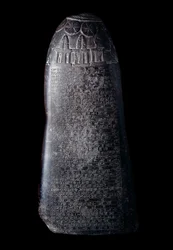 Mesopotamien: Kudurru aus schwarzem Kalkstein von König Marduk-sapik-zari (1082-1070 v. Chr.) (Stele, die als Beleg für Landschenkungen der kassitischen Herrscher Babylons an Familienmitglieder oder hohe Würdenträger diente). Die Inschrift ist in