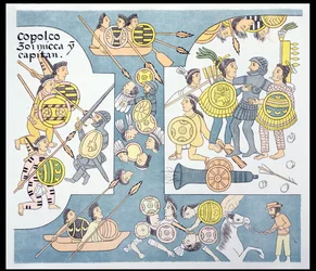Endschlacht zwischen Hernando Cortes (1485-1547) und Cuauhtemoc in Tenochtitlan, August 1521, Illustration aus einer Faksimile einer mexikanischen indianischen Bildgeschichte Lienzo de Tlaxcala von ca. 1550, 1892