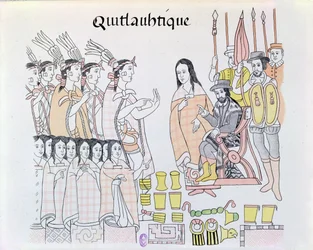 La Malinche (Dona Marina) als Dolmetscherin während der Präsentation von Frauen und Gold durch Montezuma (1466-1520) an Hernando Cortes (1485-1547) Illustration aus einer Faksimile einer mexikanischen indianischen Bildgeschichte