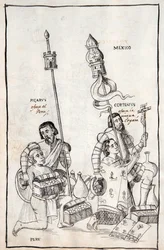 MS Hunter 242 f.248v Picarus (Pizarro) präsentiert Peru und Cortesius (Cortés) Nueva España, Illustration aus der Historia de Tlaxcala von Diego Muñoz Camargo
