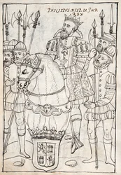 MS Hunter 242 f.249v Philipp II. zu Pferd, trägt den Orden vom Goldenen Vlies, umgeben von Bewaffneten, Illustration aus der Historia de Tlaxcala von Diego Muñoz Camargo
