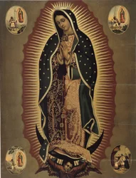 Darstellung der Jungfrau von Guadalupe, Schutzpatronin von Mexiko Druck des 20. Jahrhunderts. Dim. 51x39 cm Musée de la Vallée, Barcelonnette (Alpes-de-Haute-Provence)