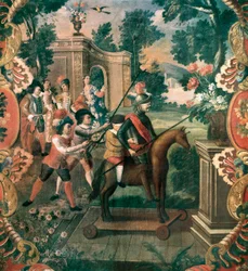 Szene aus "Don Quijote von der Mancha" (Der sinnreiche Junker Don Quijote von der Mancha) von Miguel de Cervantes Saavedra (1547-1616)