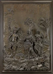 Die Stowe-Reliefs: Merkur führt Tragödie und Komödie zum Parnassus-Hügel, ca. 1740 (bronziertes Lindenholz)