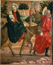 Flucht nach Ägypten. Der heilige Josef führt den Esel mit der heiligen Maria und dem Kind