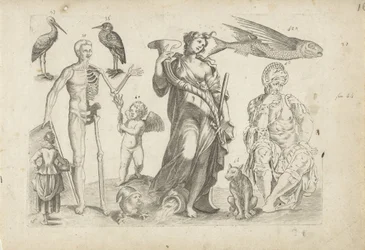 Studienblatt mit Zeichenbeispielen: Tiere und verschiedene Figuren