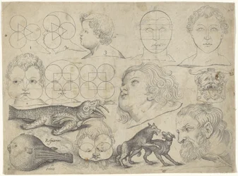 Studienblatt mit Zeichenbeispielen: Figuren, Tiere